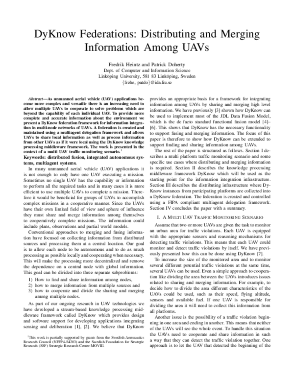 (PDF) DyKnow federations: Distributing and merging information among UAVs