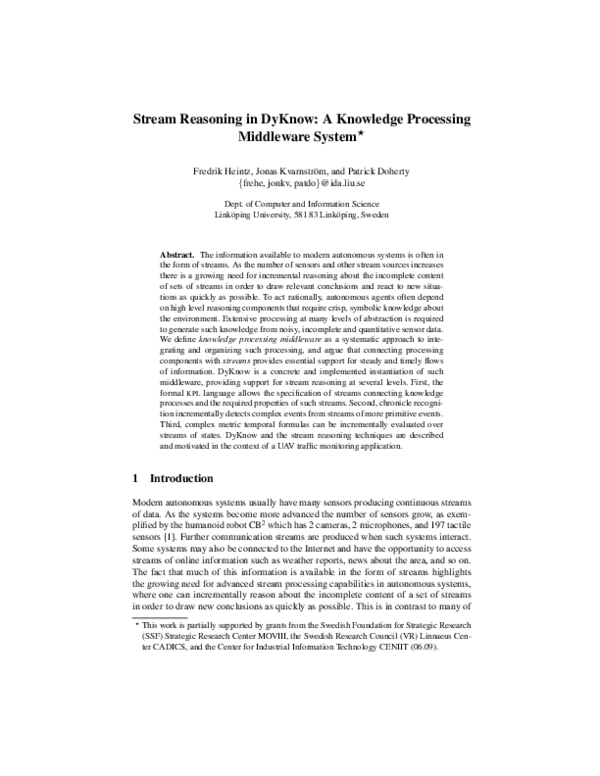 (PDF) DyKnow: Middleware for Stream Reasoning