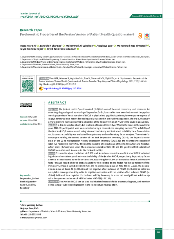 (PDF) Psychometric Properties of the Persian Version of Patient Health ...