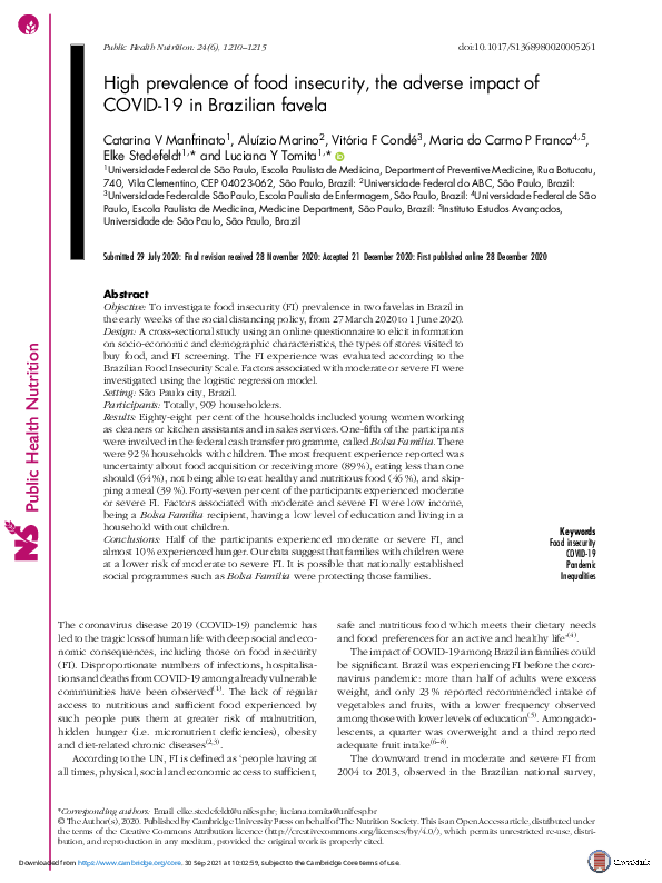 (PDF) High prevalence of food insecurity, the adverse impact of COVID ...