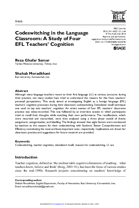 (PDF) Codeswitching in the Language Classroom: A Study of Four EFL ...