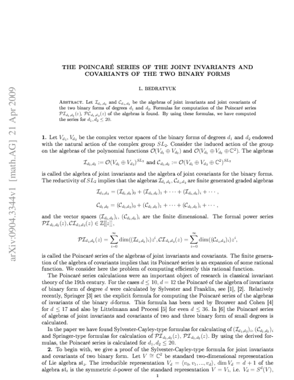 (PDF) The Poincar 'e series of the joint invariants and covariants of ...