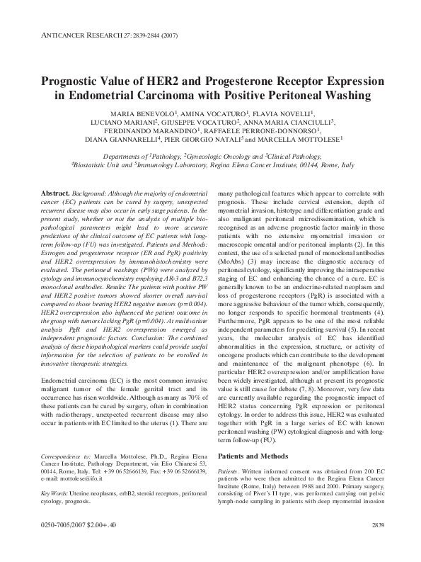 (PDF) Prognostic value of HER2 and progesterone receptor expression in ...