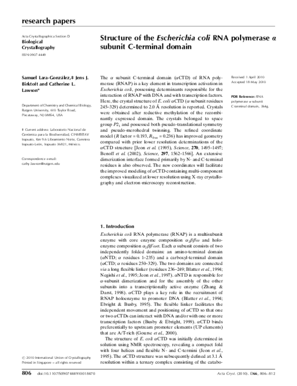 (PDF) Structure of the Escherichia coli RNA polymerase alpha subunit C ...