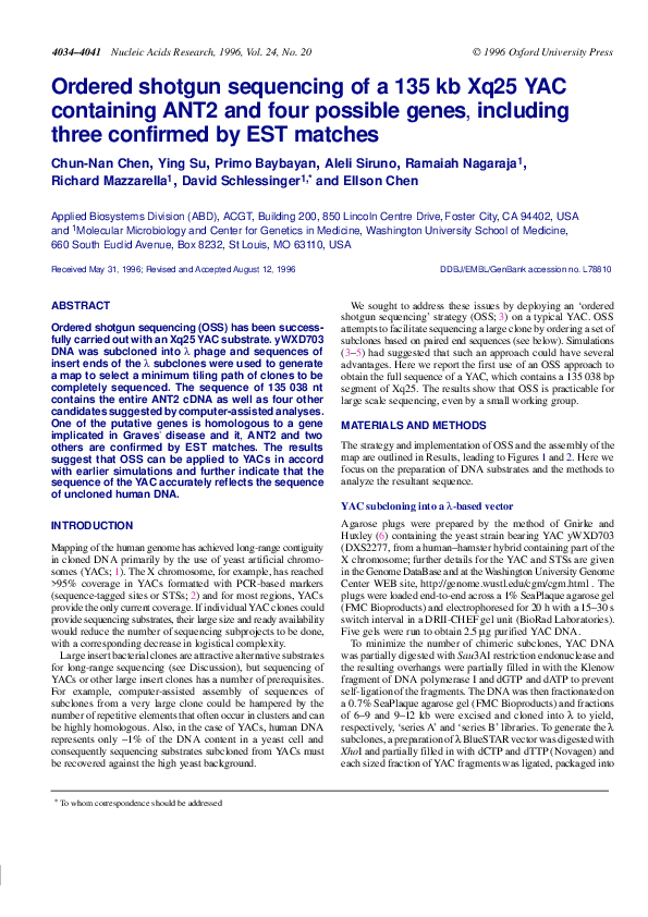 (PDF) Ordered Shotgun Sequencing of a 135 Kb Xq25 YAC Containing ANT2 ...