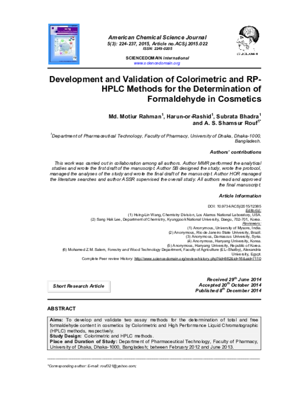 (PDF) Determination of Formaldehyde in Cosmetics by Colorimetric and ...
