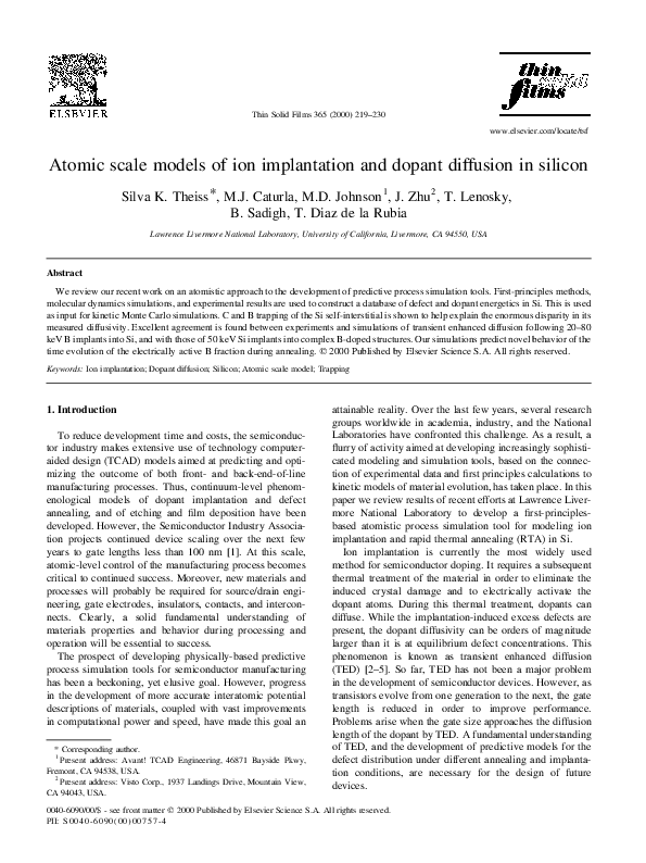 (PDF) Atomic scale models of ion implantation and dopant diffusion in ...