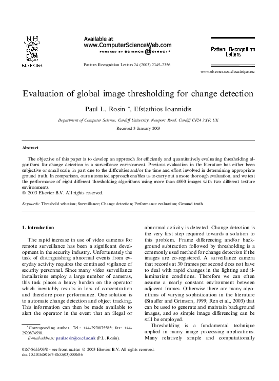 (PDF) Evaluation of global image thresholding for change detection