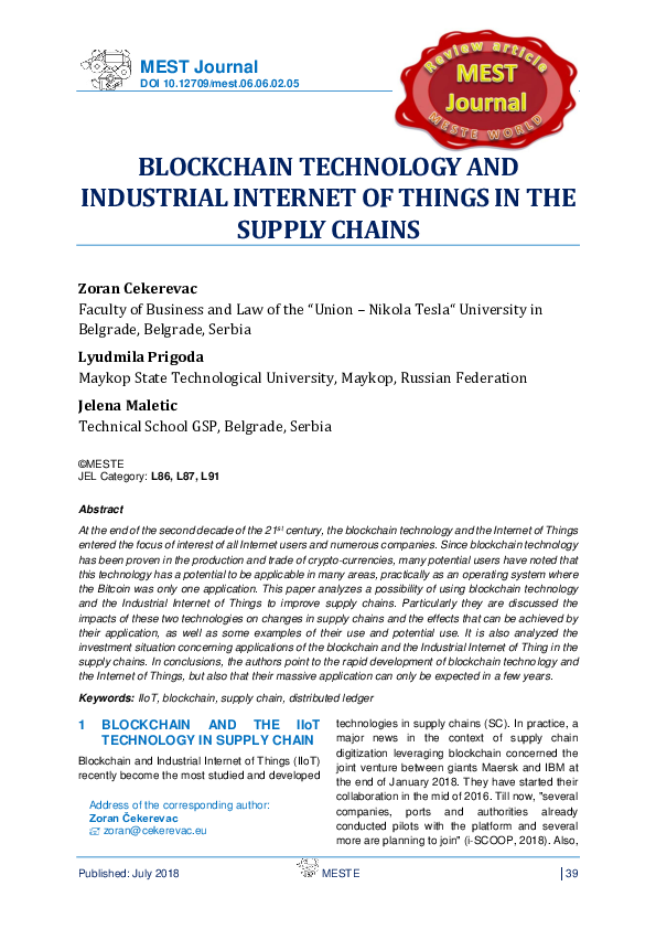 (PDF) Blockchain Technology and Industrial Internet of Things in the ...