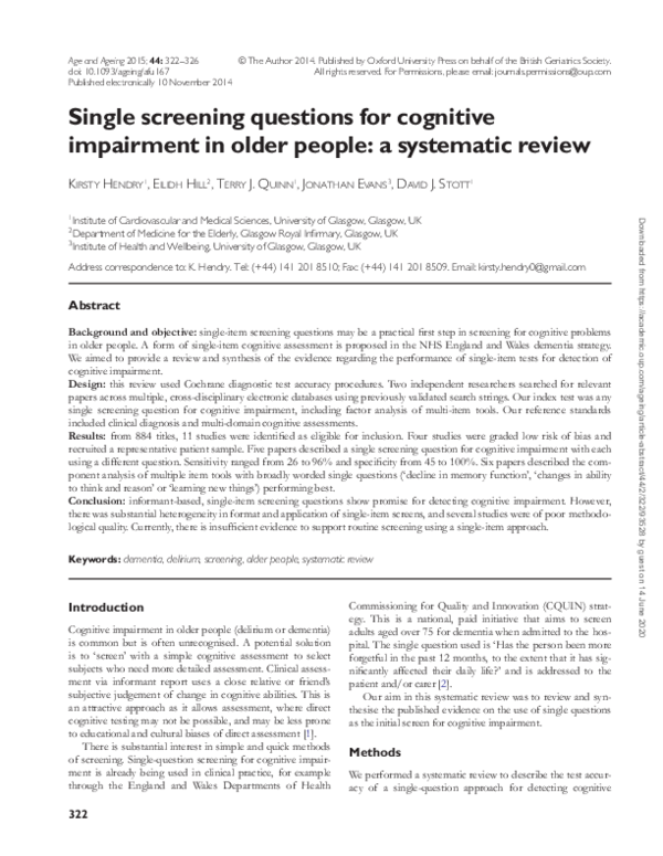 (PDF) Single screening questions for cognitive impairment in older ...