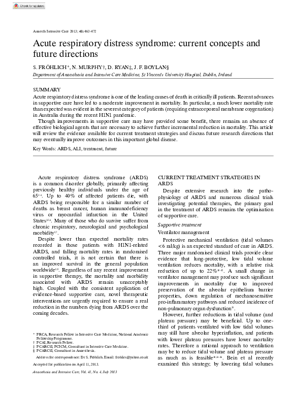 (PDF) Acute respiratory distress syndrome: current concepts and future ...