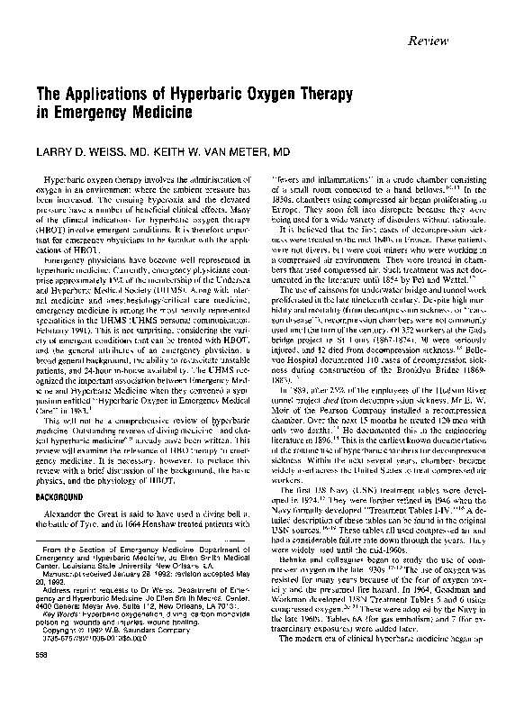 (PDF) The applications of hyperbaric oxygen therapy in emergency medicine