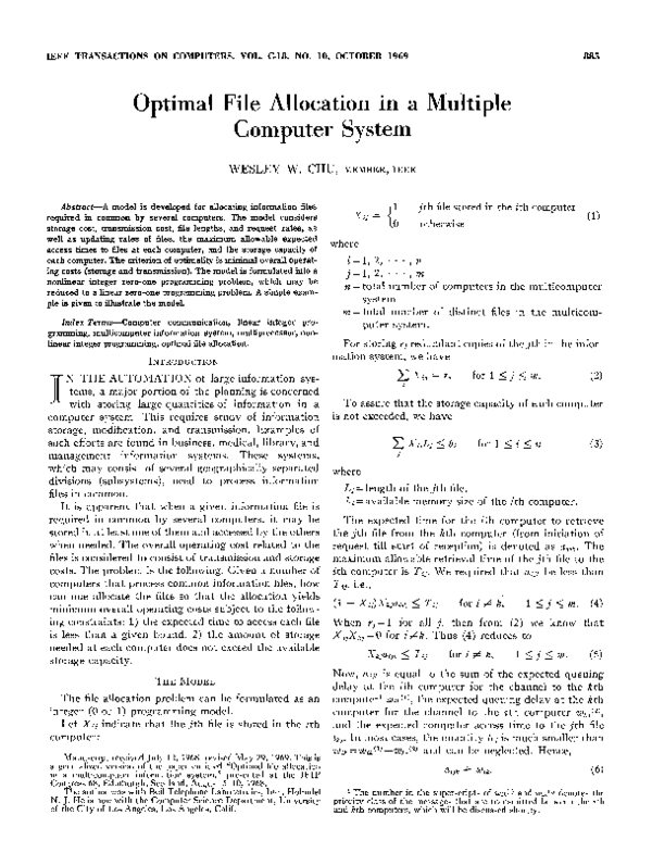 (PDF) Optimal File Allocation in a Multiple Computer System