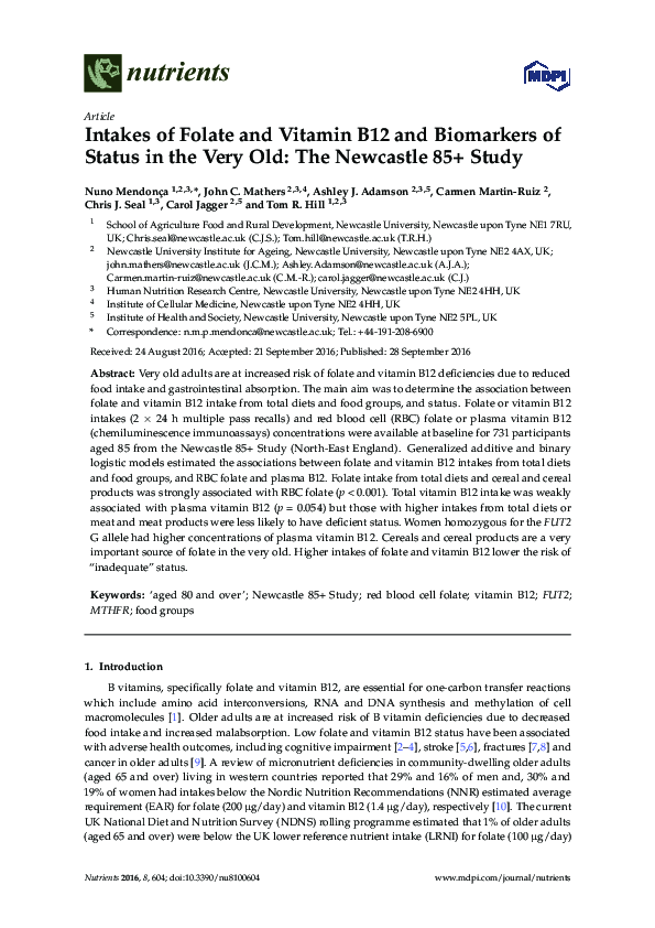 (PDF) Intakes of Folate and Vitamin B12 and Biomarkers of Status in the ...