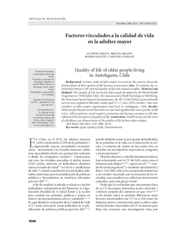 (PDF) Quality of life of older people living in Antofagasta, Chile