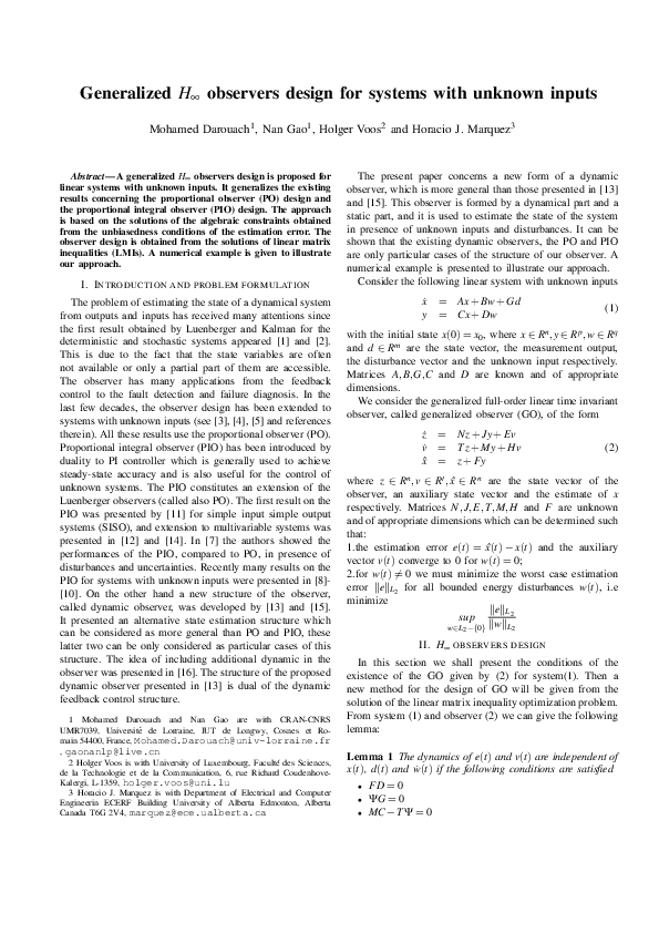(PDF) Generalized H_infinity observers design for systems with unknown ...