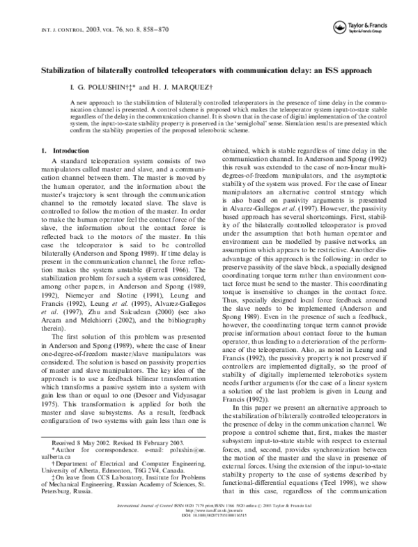 (PDF) Stabilization of bilaterally controlled teleoperators with ...