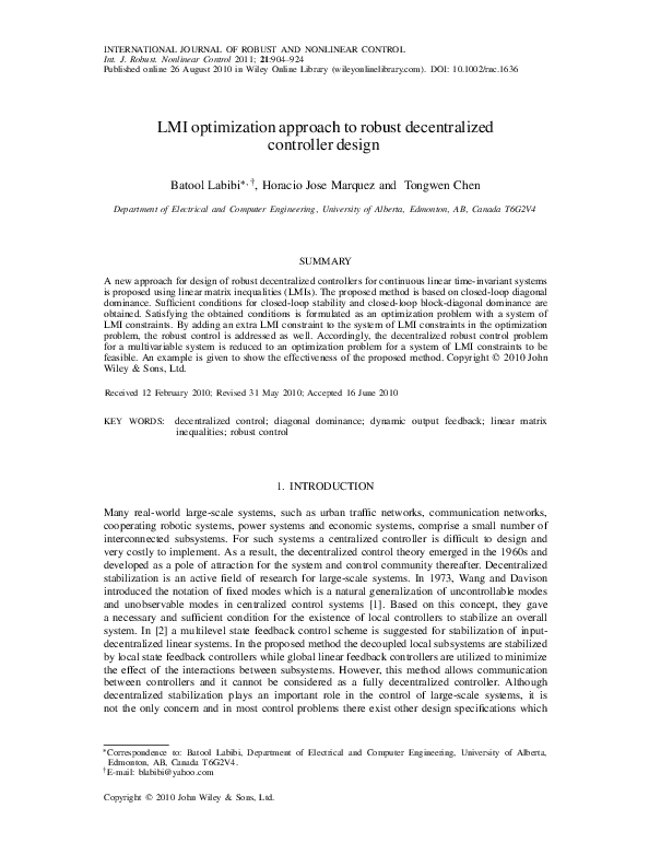 (PDF) LMI optimization approach to robust decentralized controller design