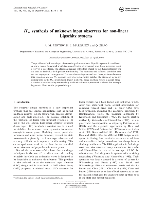 (PDF) H ∞ synthesis of unknown input observers for non-linear Lipschitz ...