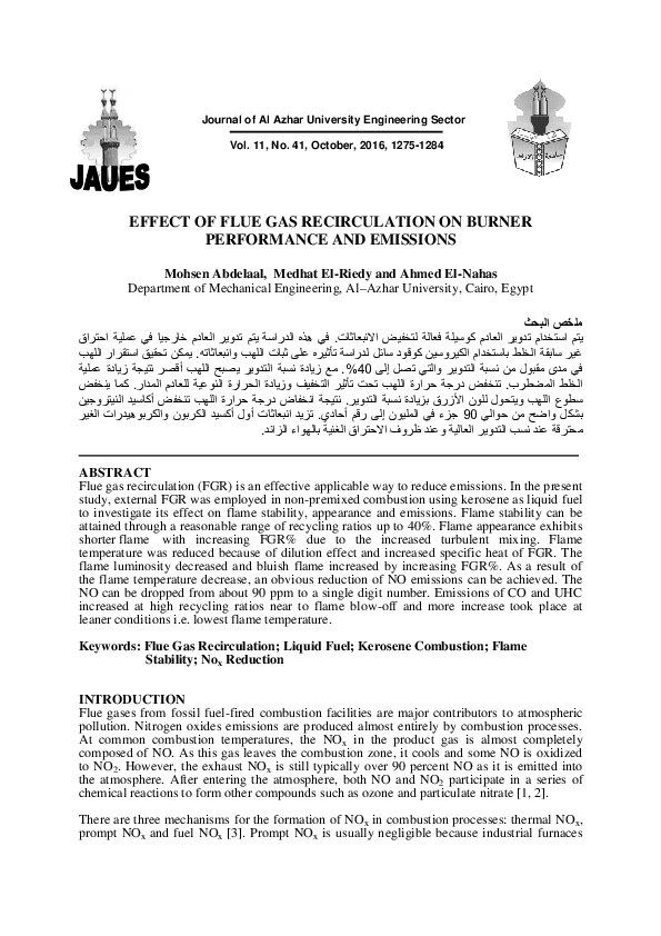 (PDF) Effect of Flue Gas Recirculation on Burner Performance and Emissions