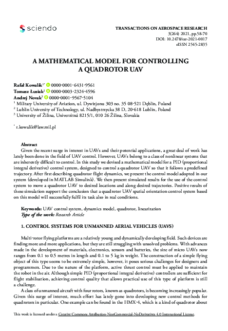 (PDF) A Mathematical Model for Controlling a Quadrotor UAV