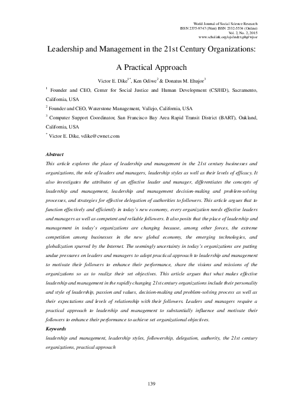 (PDF) Leadership and Management in the 21st Century Organizations: A ...