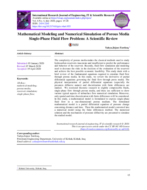 (PDF) Mathematical Modeling and Numerical Simulation of Porous Media ...