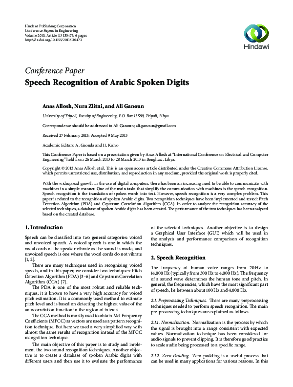 (PDF) Speech Recognition of Arabic Spoken Digits