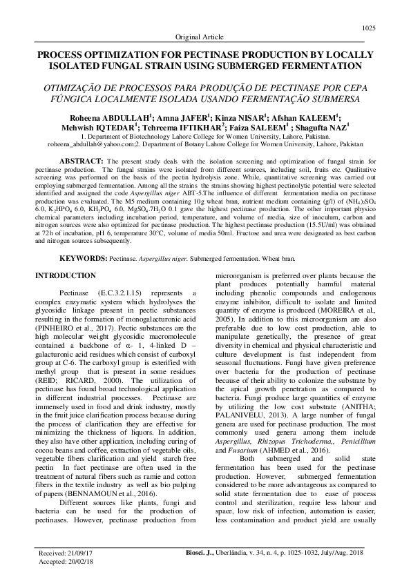 (PDF) Process optimization for pectinase production by locally isolated