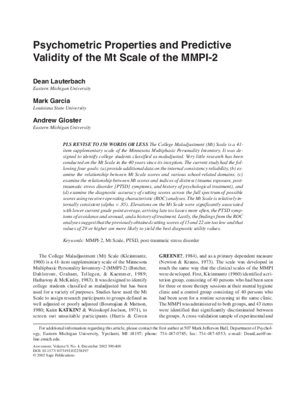 (PDF) Psychometric Properties and Predictive Validity of the Mt Scale ...