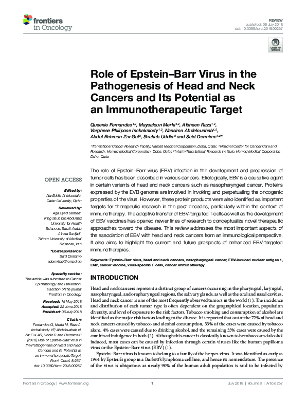 (PDF) Role of Epstein-Barr Virus in the Pathogenesis of Head and Neck ...