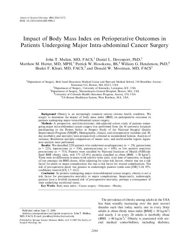 (PDF) Impact of Body Mass Index on Perioperative Outcomes in Patients ...