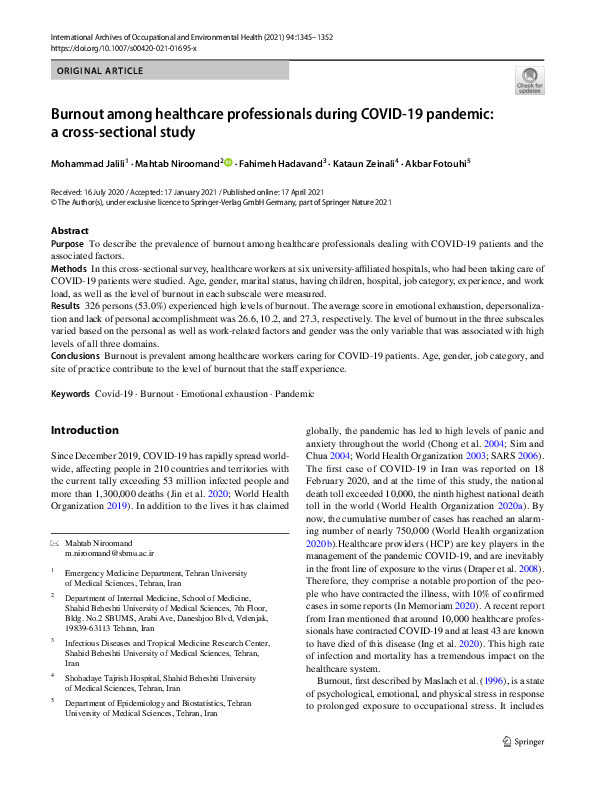 (PDF) Burnout among healthcare professionals during COVID-19 pandemic ...