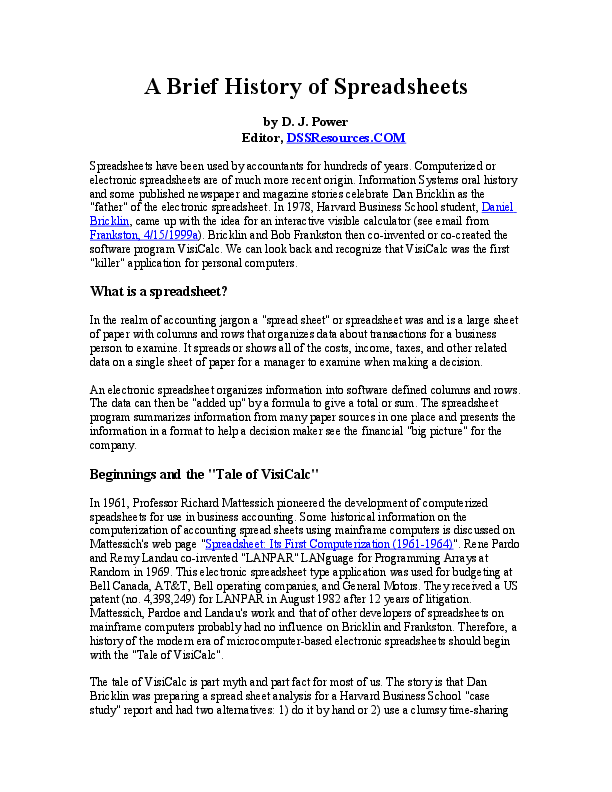 (DOC) A brief history of spreadsheets Daniel Power Academia.edu