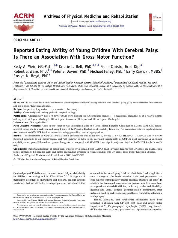 (PDF) Reported Eating Ability of Young Children With Cerebral Palsy: Is ...