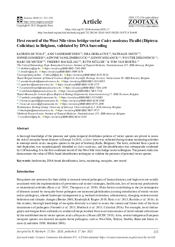 (PDF) First record of the West Nile virus bridge vector Culex modestus ...