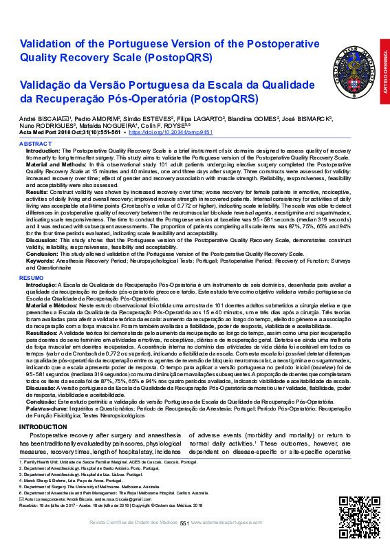 (PDF) Validation of the Portuguese Version of the Postoperative Quality ...