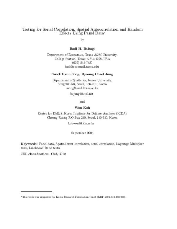 (PDF) Testing for Serial Correlation, Spatial Autocorrelation and ...