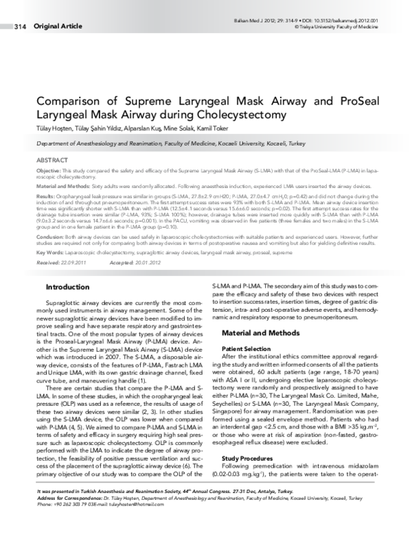 (PDF) Comparison of Supreme Laryngeal Mask Airway and ProSeal Laryngeal ...