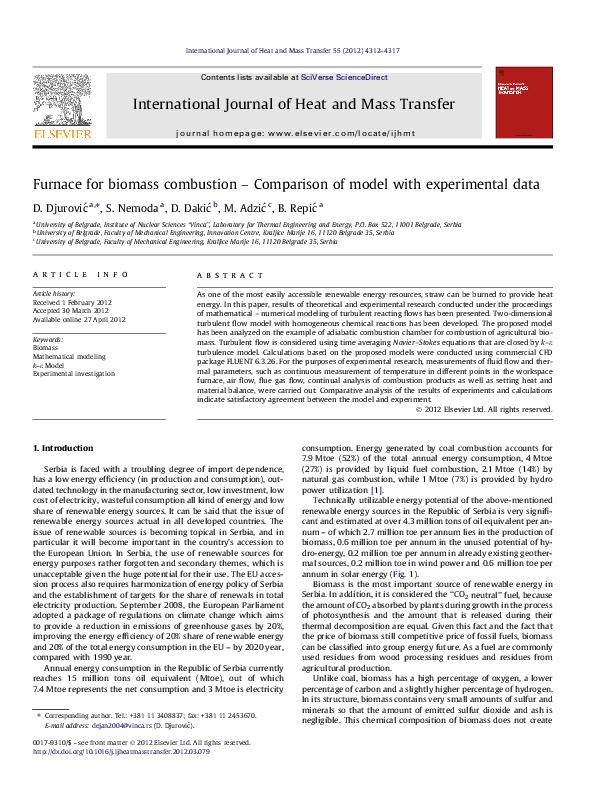 (PDF) Furnace for biomass combustion – Comparison of model with ...