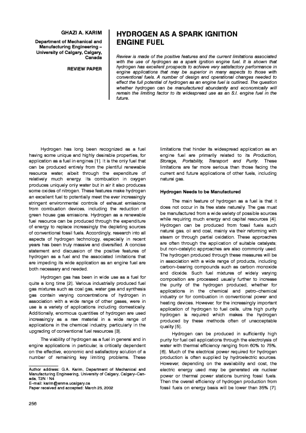 (PDF) Hydrogen as a spark ignition engine fuel