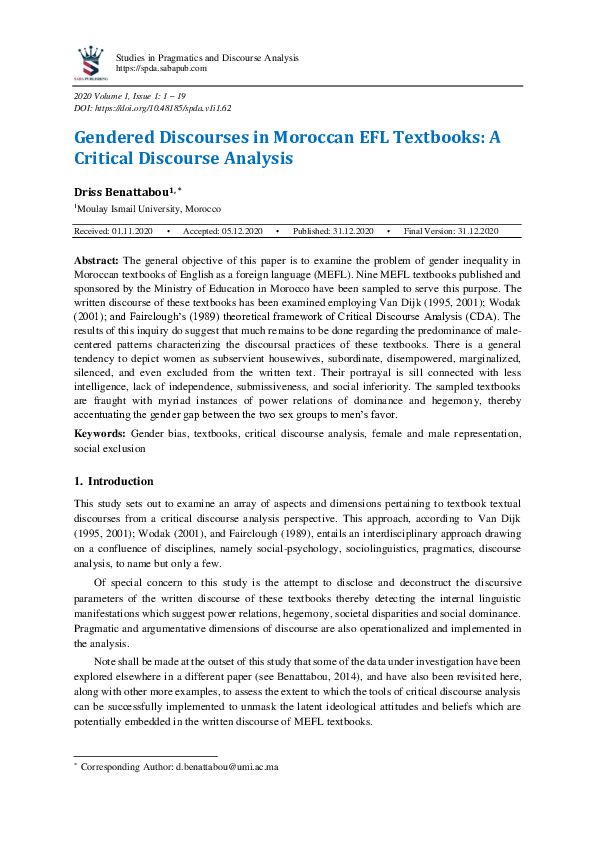 (PDF) Gendered Discourses in Moroccan EFL Textbooks: A Critical ...