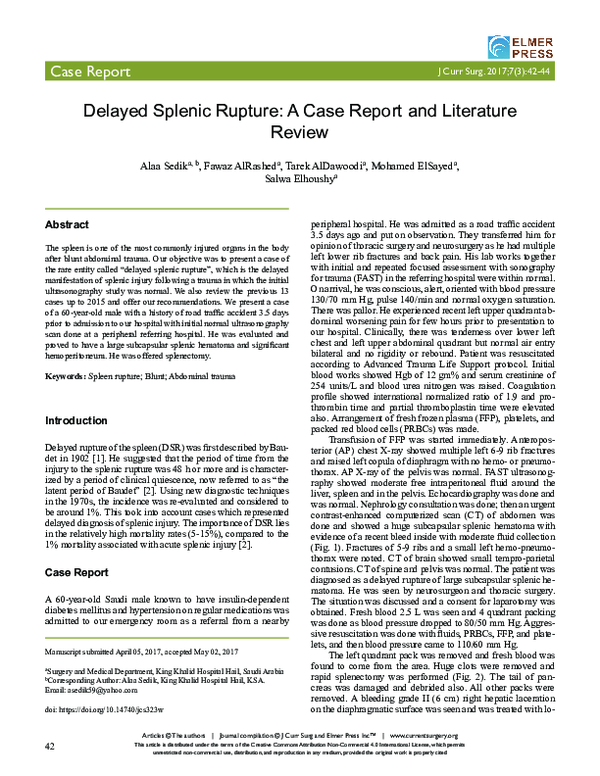 (PDF) Delayed Splenic Rupture: A Case Report and Literature Review
