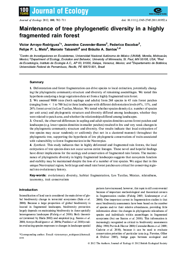 (PDF) Maintenance of tree phylogenetic diversity in a highly fragmented ...
