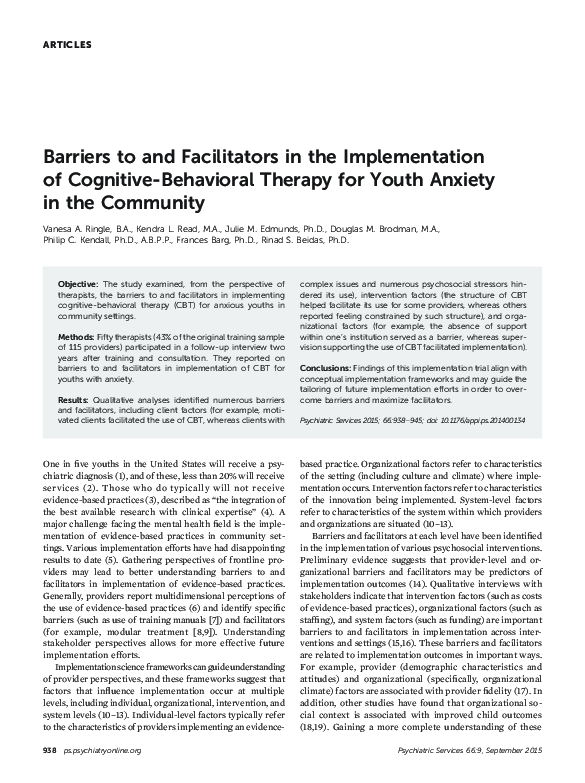 (PDF) Barriers to and Facilitators in the Implementation of Cognitive ...
