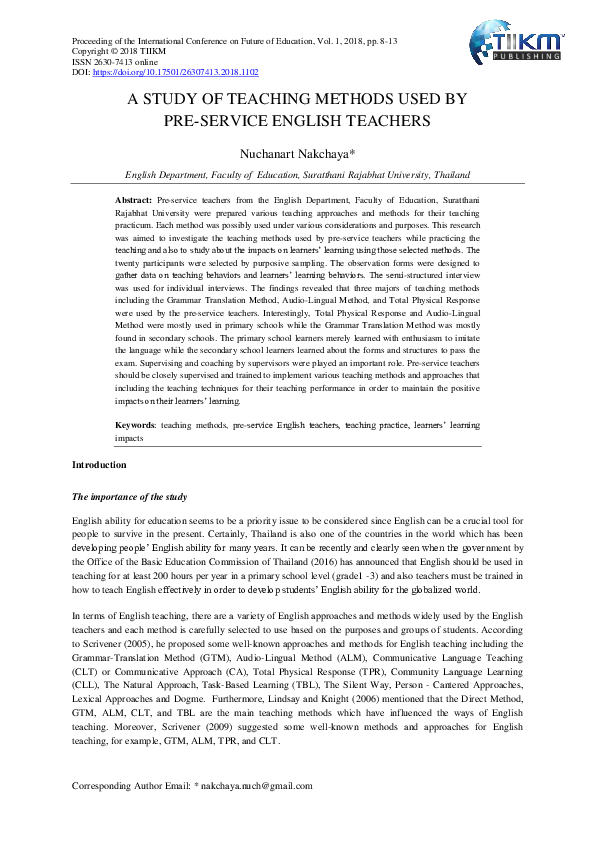(PDF) A Study of Teaching Methods Used by Pre-Service English Teachers