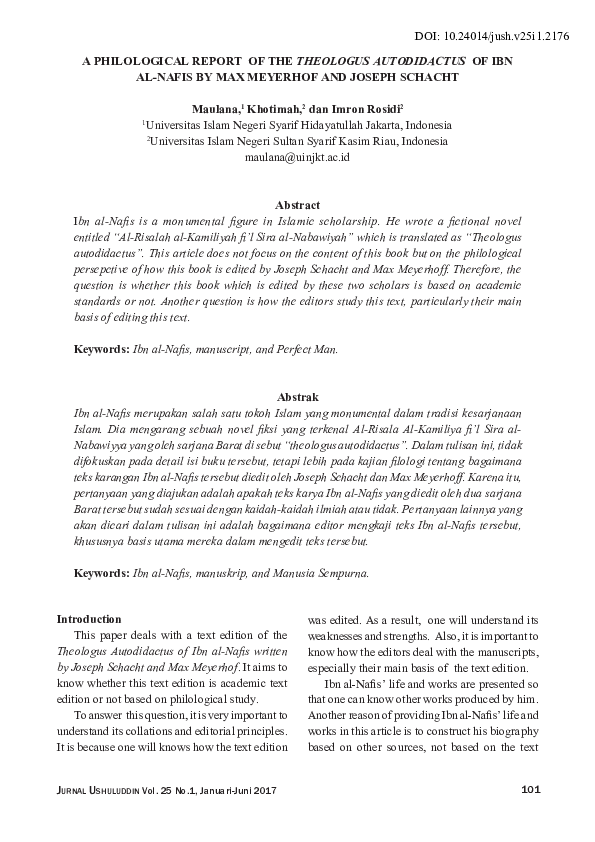 A Philological Report Of The Theologus Autodidactus Of Ibn AlNafis By