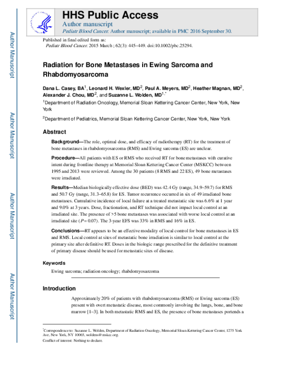 (PDF) Radiation for bone metastases in Ewing sarcoma and rhabdomyosarcoma