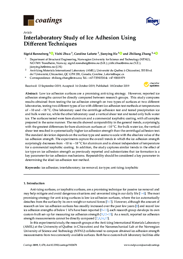 (PDF) Interlaboratory Study of Ice Adhesion Using Different Techniques