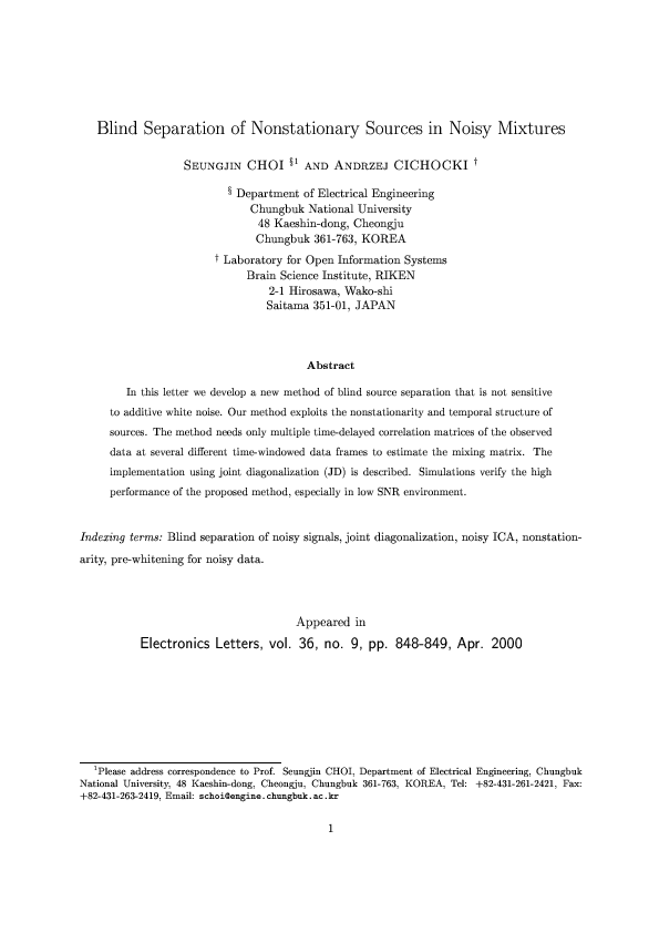 (PDF) Blind separation of nonstationary sources in noisy mixtures